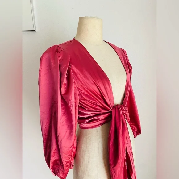 Forever 21 Red Satin Tie-Front Top - Picture 3 of 10